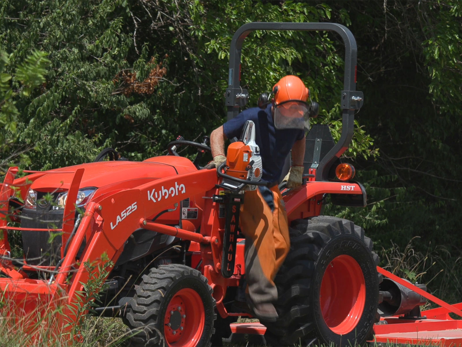 Saw Haul Rotating Mount on a Kubota Tractor