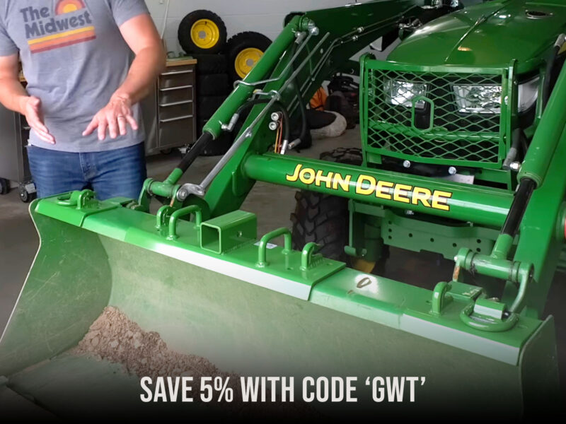 Bolt-On Hooks and 2" Receiver for Trailer Hitch on John Deere Bucket by JU Fabworks