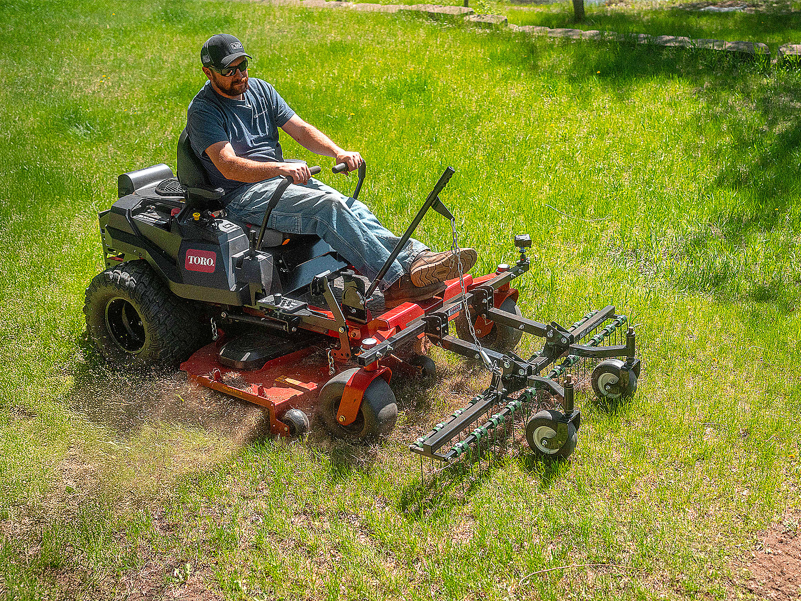 CMP Front-Mount Dethatcher on Toro ZeroTurn, Aerial